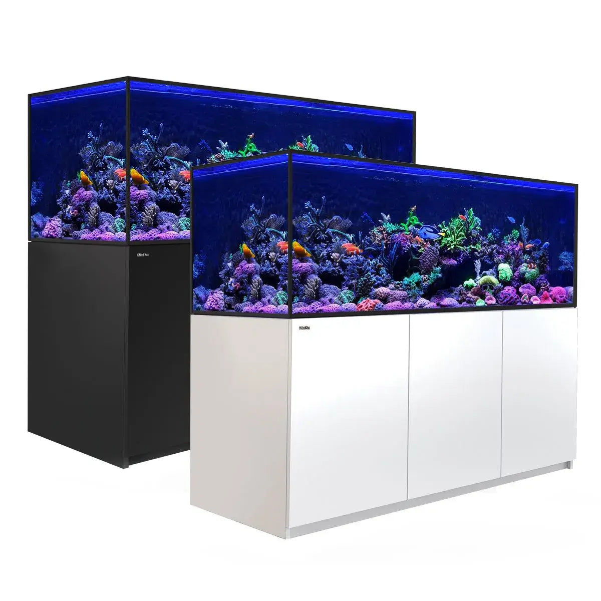 Two Red Sea Reefer G2+ S850 aquariums with vibrant coral and fish, showcasing black and white bases.