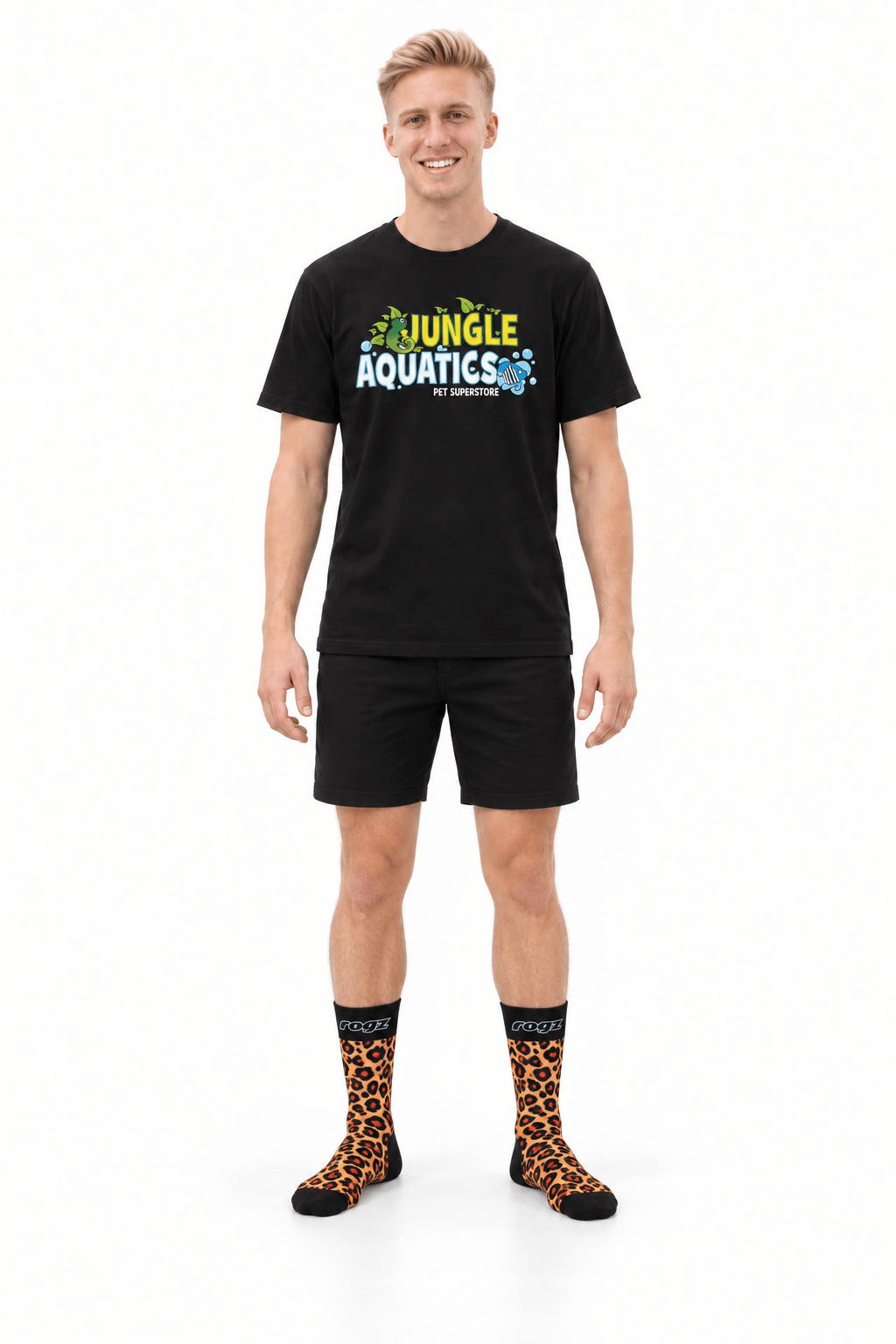 Man wearing Rogz x Versus Safari Socks in Leopard print, black shirt, shorts, ready for a pet walk.