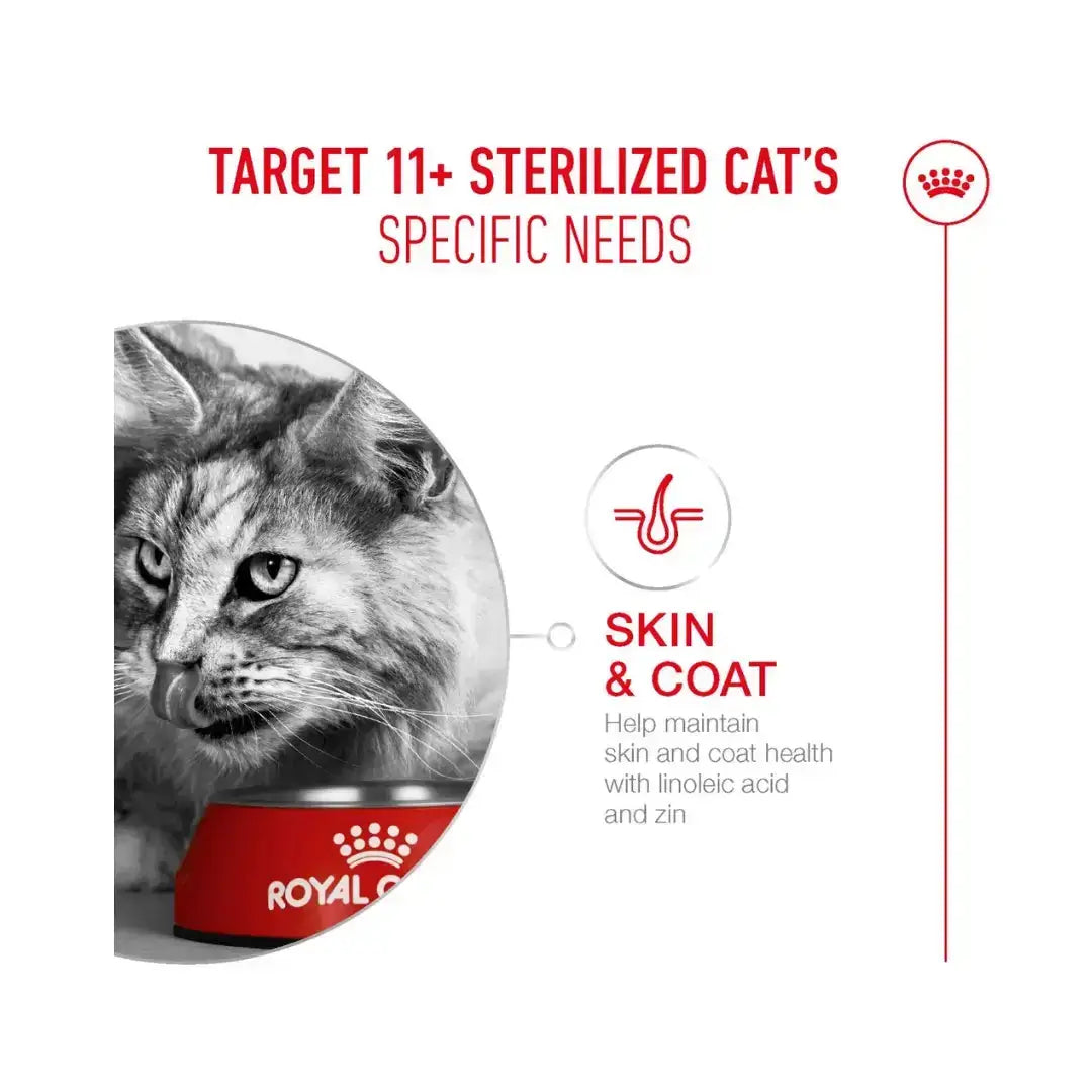 Royal Canin Ageing 11+ Dry Cat Food targeting specific needs for senior and sterilized cats.