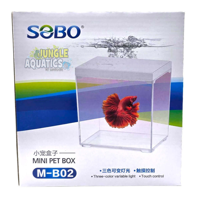 SOBO Mini Pet Box Betta Tank with LED displaying a Siamese Fighter fish in its clear aquarium.