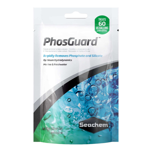 Seachem PhosGuard packaging for aquarium treatment, removes phosphate and silicate for optimal water quality.