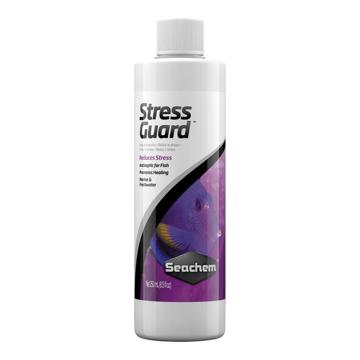 Seachem Stress Guard 250ml fish care conditioner reduces stress and promotes healing for freshwater and marine aquariums.