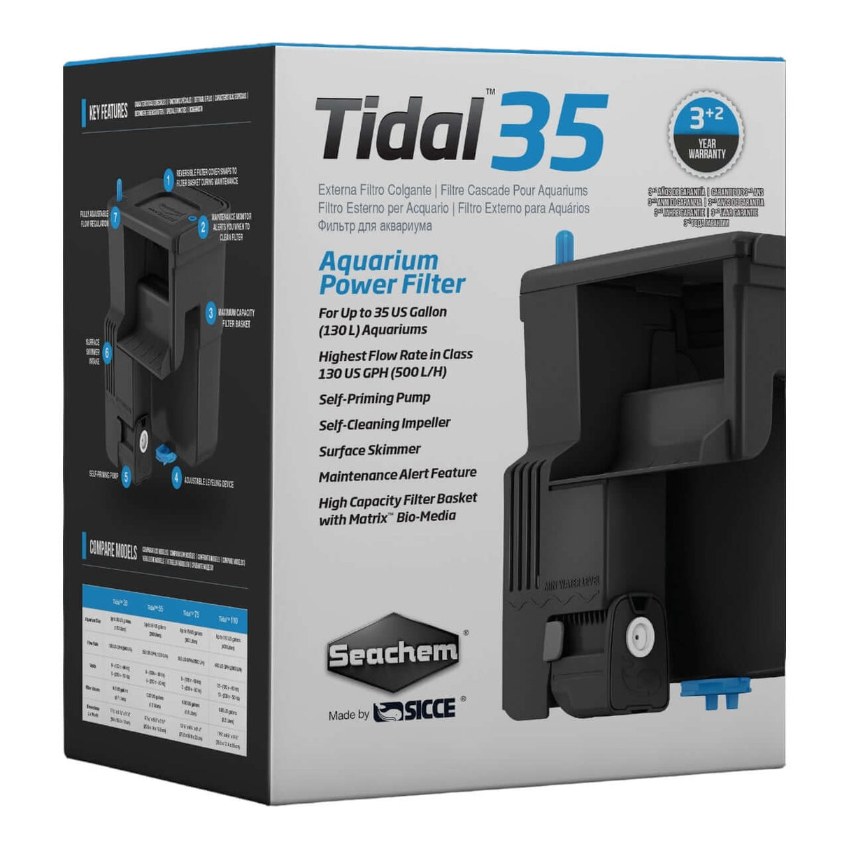 Seachem Tidal Power Hang-On Filters packaging for Tidal 35 aquarium power filter with features and specifications.