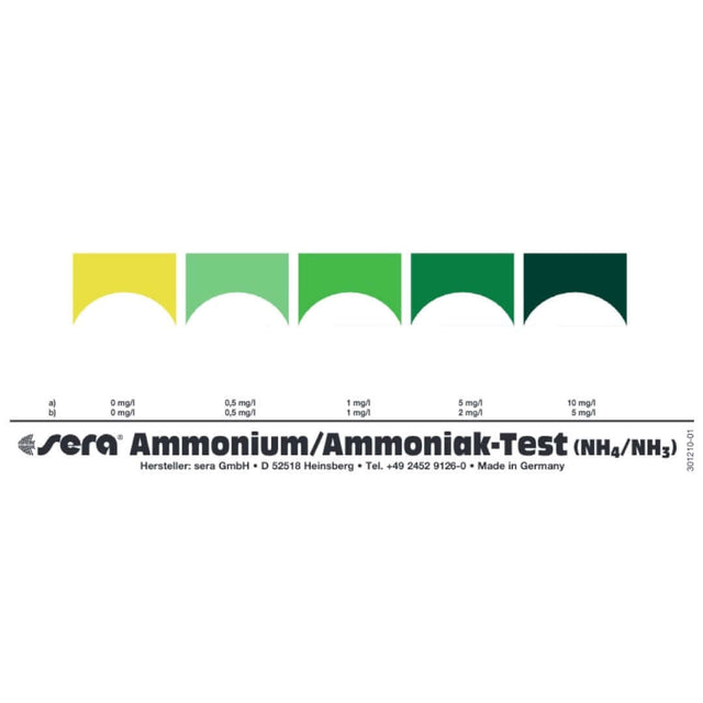 Sera NH3 and NH4 Test Kit color chart displaying ammonia levels from 0 to 10 mg/l for freshwater and marine monitoring.