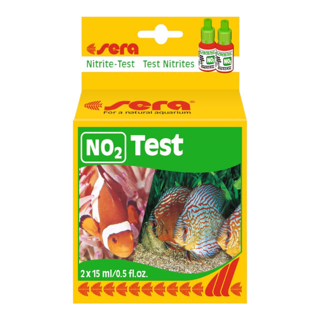 Sera No2 Nitrite Test Kit packaging for aquarium nitrite level monitoring, includes two 15ml test bottles.