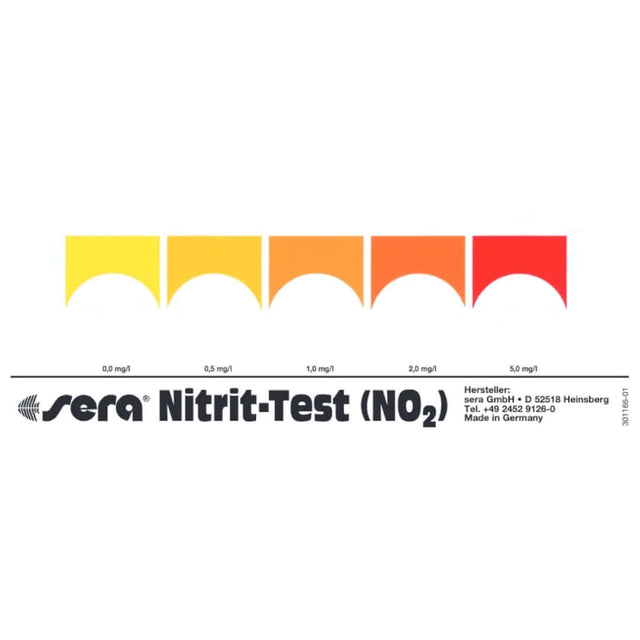 Sera No2 Nitrite Test Kit color chart for measuring nitrite levels in freshwater and marine aquariums.