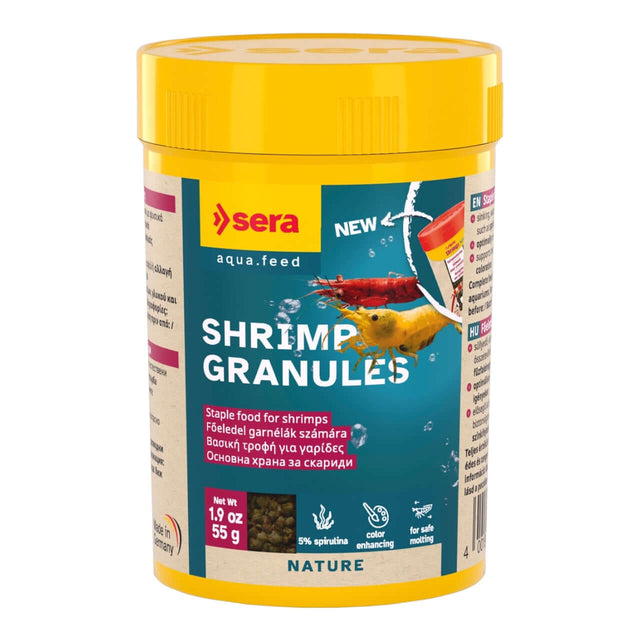Sera Shrimps Nature Food 55g, sinking granules, rich in spirulina, supports shrimp growth and color enhancement.