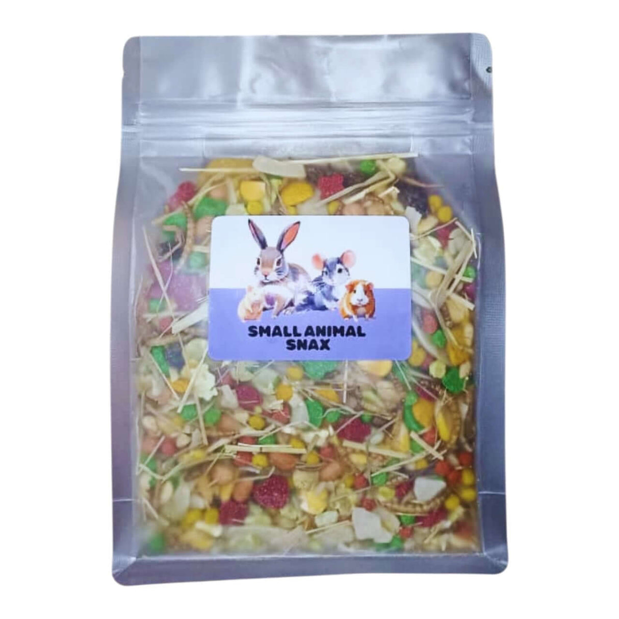 Small Animal Snax package filled with mixed dried fruit, nuts, and fortified pellets for small pets.