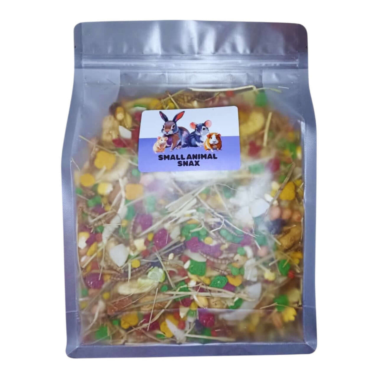Small Animal Snax package featuring mixed dried fruits, nuts, and pellets for small pets.
