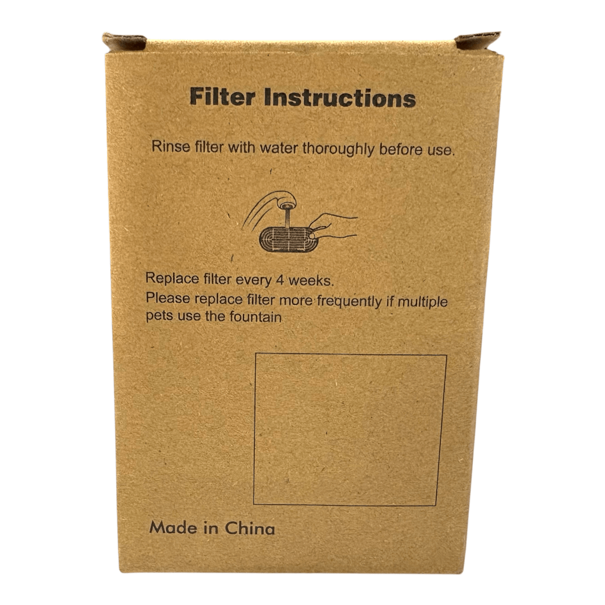 Stainless Steel Pet Water Fountain Replacement Filters instructions for rinsing and replacing filter every 4 weeks.