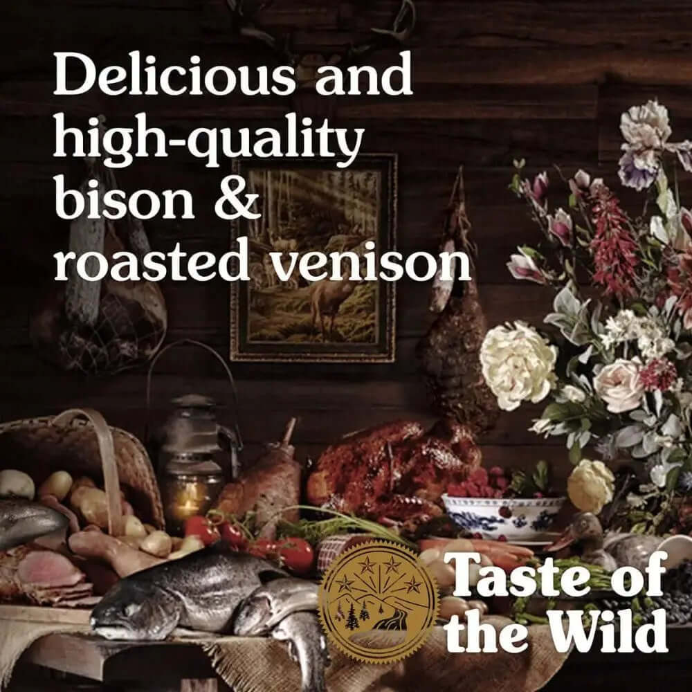 Taste of the Wild Canine High Prairie Puppy Dry Food featuring bison and roasted venison ingredients.