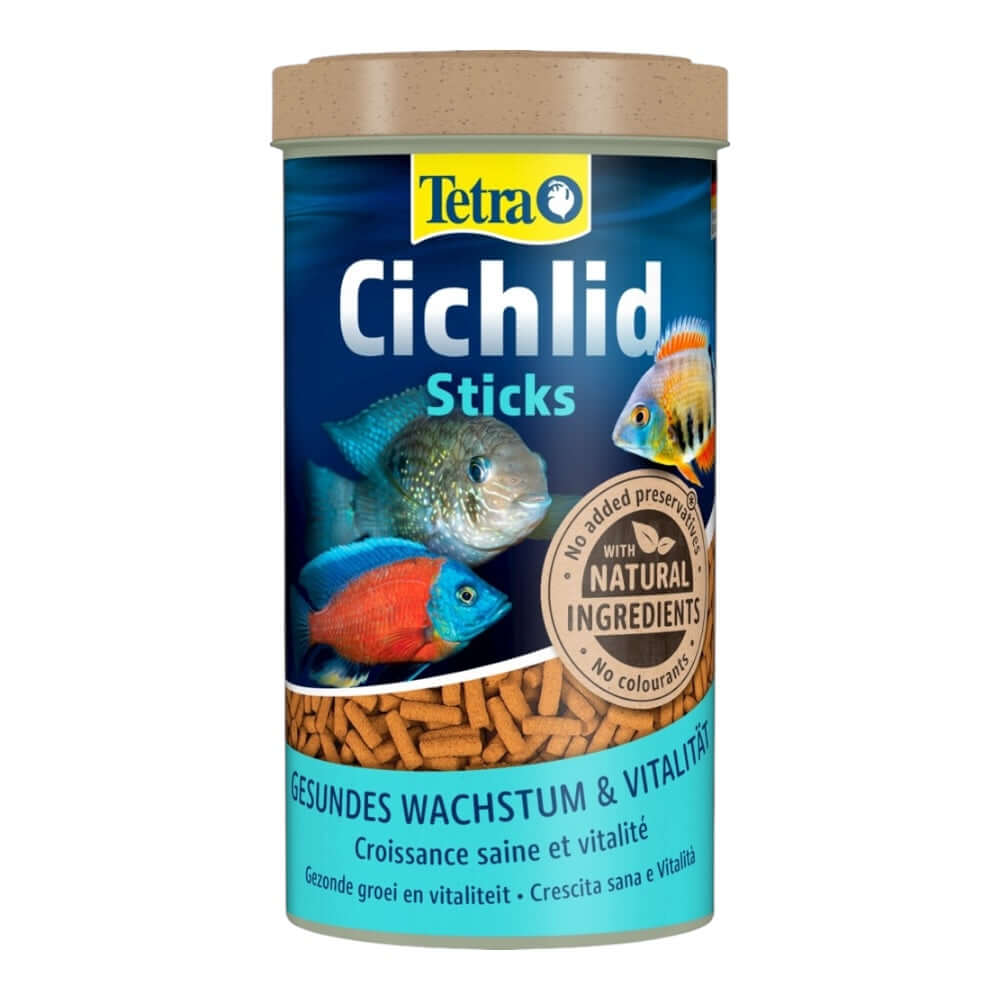Tetra Cichlid Sticks container designed for balanced nutrition of cichlids and ornamental fish with natural ingredients.
