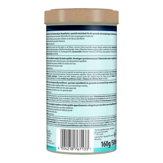 Back of Tetra Cichlid Sticks container showing nutritional information and feeding guidelines for cichlids.