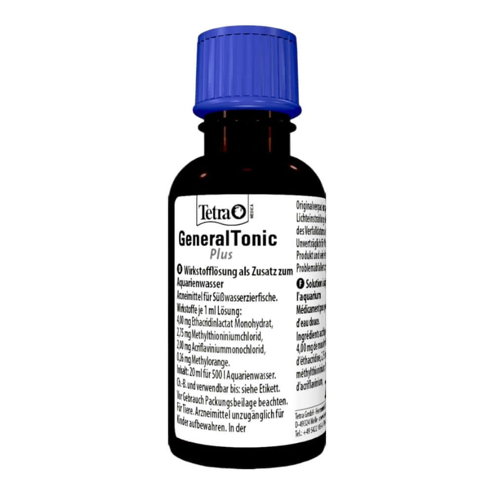 Tetra Medica General Tonic Plus 20ml bottle for treating freshwater ornamental fish diseases.