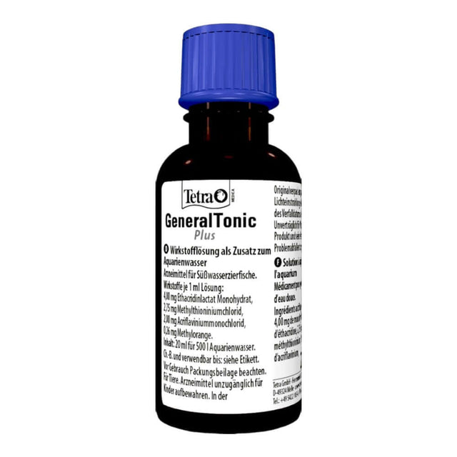 Tetra Medica General Tonic Plus 20ml bottle for treating freshwater ornamental fish diseases.