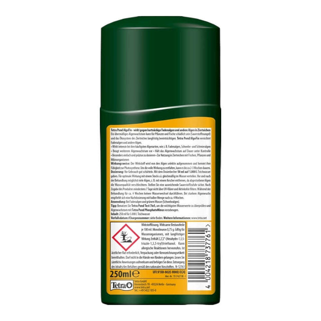Tetra Pond AlgoFin 250ml bottle for treating blanketweed and algae in ornamental ponds.