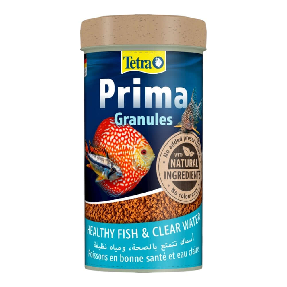 Tetra Prima Granules container with fish graphics, healthy food for mid and bottom-feeding aquarium fish.