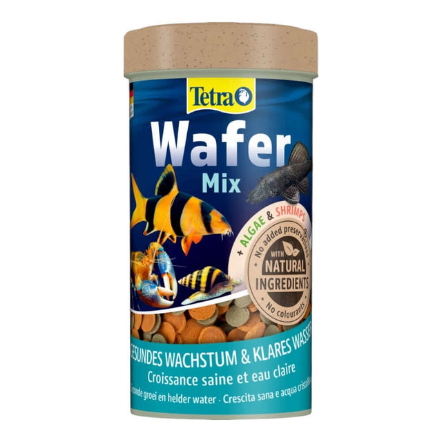 Tetra Wafermix 68g for bottom-feeding fish, featuring algae and shrimp for a balanced diet and vibrant health.