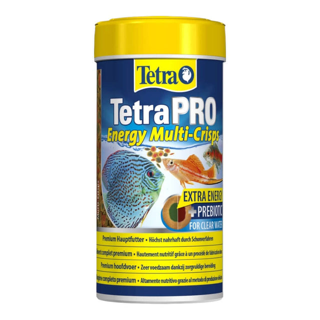 TetraPRO Energy Multi-Crisps premium fish food for enhanced vitality and clear water, low-heat processed for better nutrition.