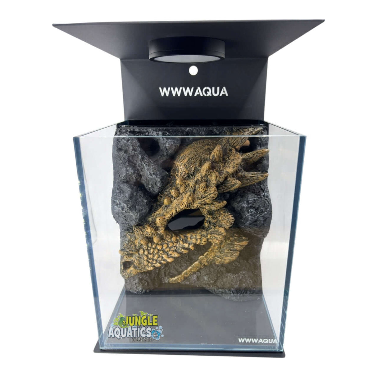 Themed WWW Betta Aqua Aquariums displayed in a clear tank with intricate rock design and WWWAQUA branding.