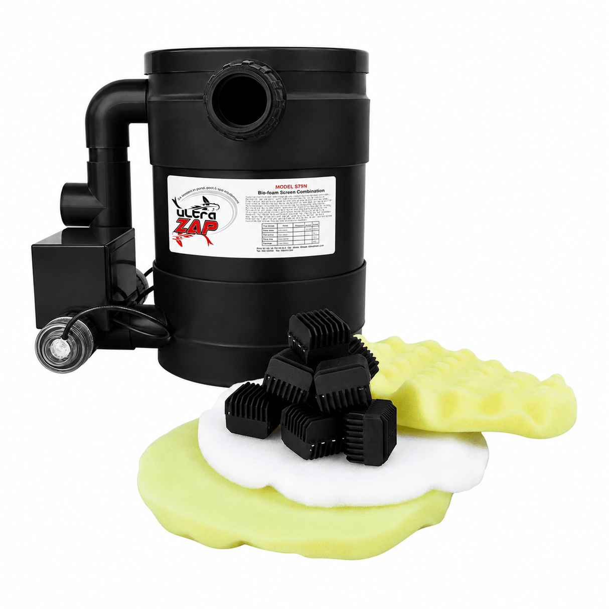 A black cylindrical motorized brush cleaner with a side-mounted pump and a visible product label, shown on a white background with several black brush heads and yellow-green foam pads in front.