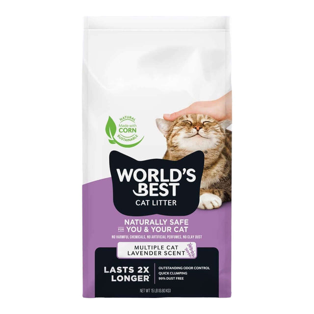 World's Best Lavender Scented Cat Litter bag, eco-friendly, multiple cat use, outstanding odor control, 99% dust-free.