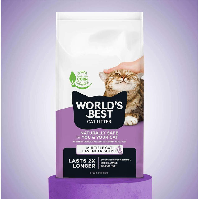 World's Best multiple cat clumping cat litter with lavender scent, eco-friendly, dust-free, and easy to scoop.