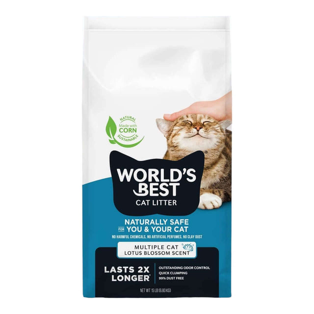 World's Best Multiple Cat Clumping Cat Litter in Lotus Blossom scent, boasting outstanding odor control and 99% dust-free.