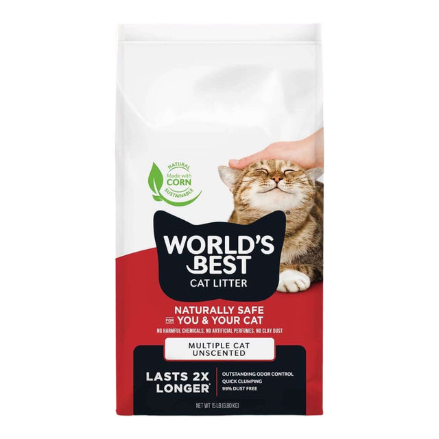 World's Best Unscented Cat Litter bag, ideal for multiple cats, offers great odor control and 99% dust-free formula.