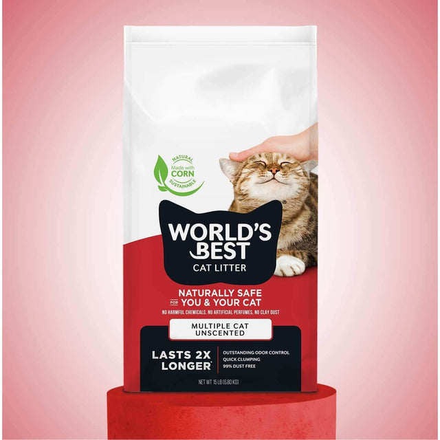 World's Best Multiple Cat Clumping Cat Litter - Unscented in a bag with a cat, showcasing eco-friendly features.