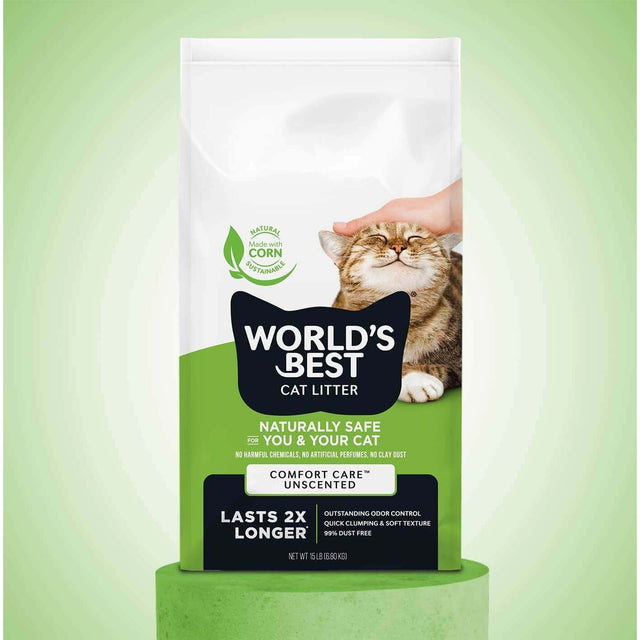 World's Best Original Clumping Cat Litter bag with cat, unscented, 99% dust free, quick clumping, flushable.