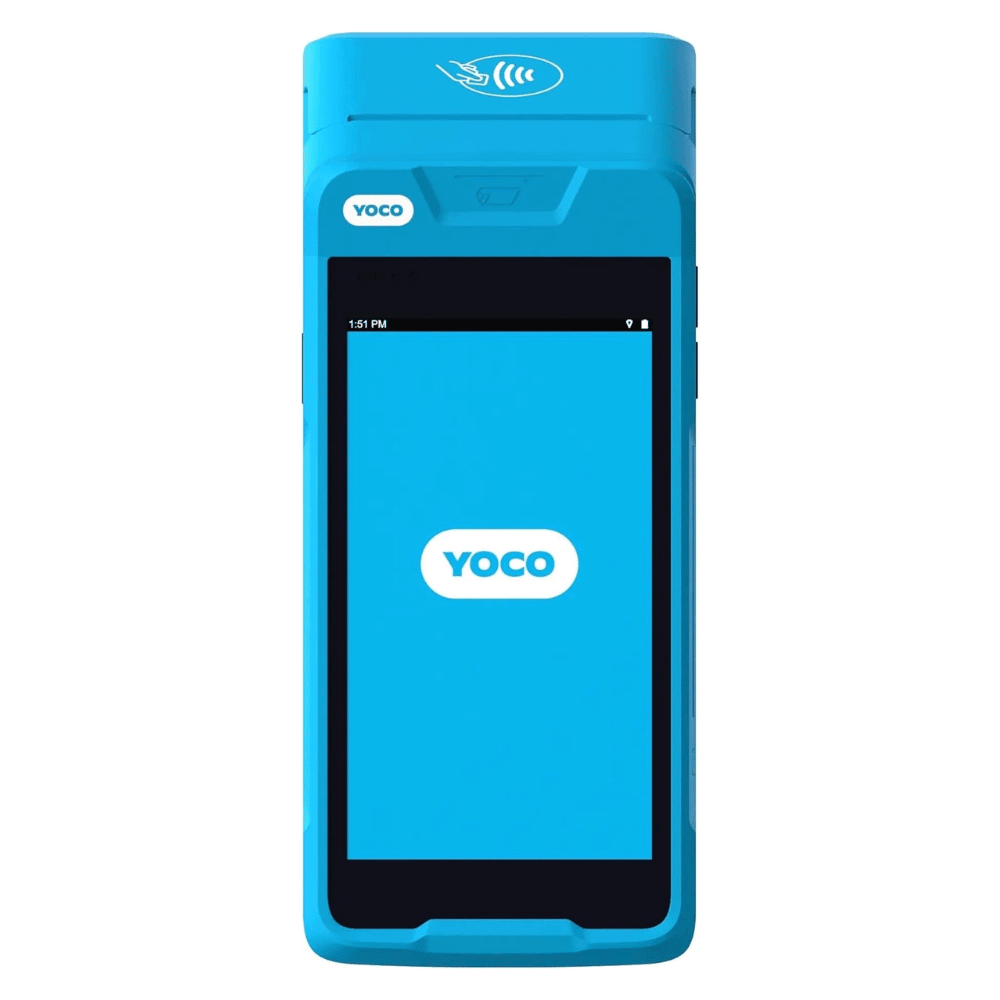Yoco Khumo Print Card Machine showing touchscreen interface and contactless payment feature.