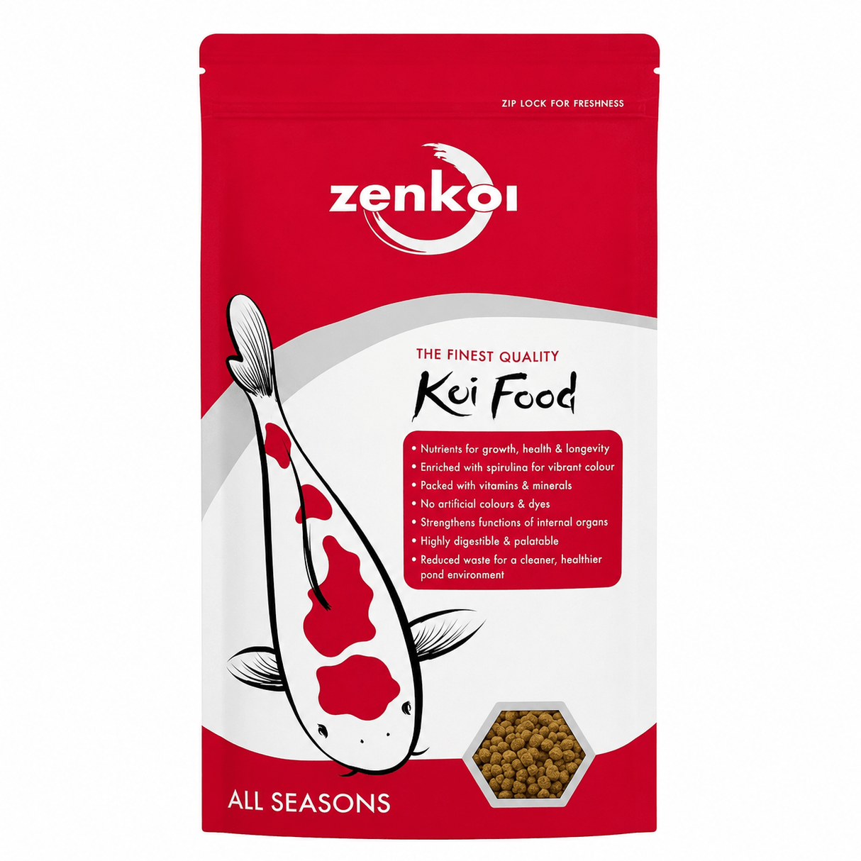 Zenkoi Pond Food All Season 2kg bag featuring vibrant koi design, ideal for year-round nutrition of koi and ornamental fish.