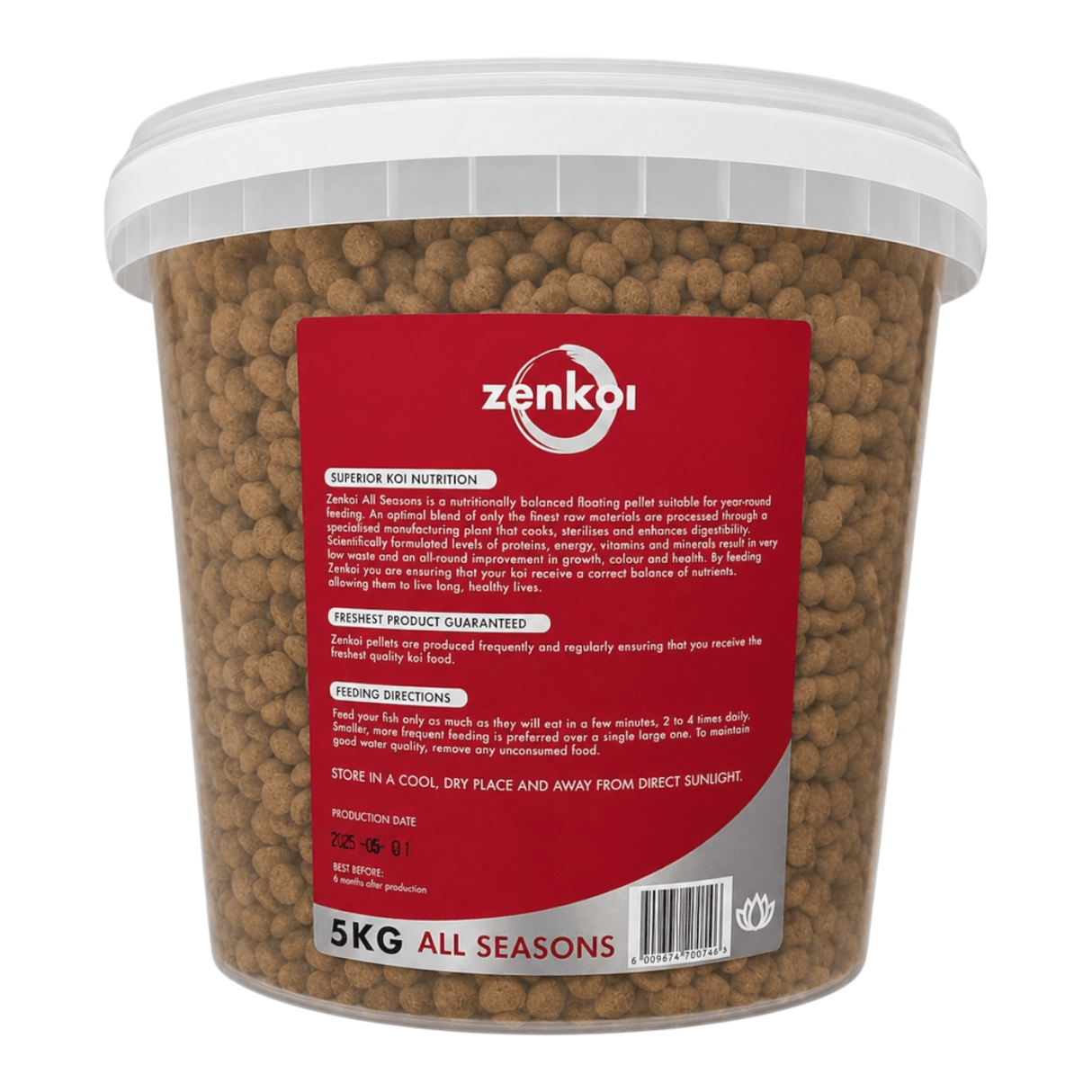 Zenkoi Pond Food All Season 5kg container with premium koi nutrition pellets for year-round fish health.