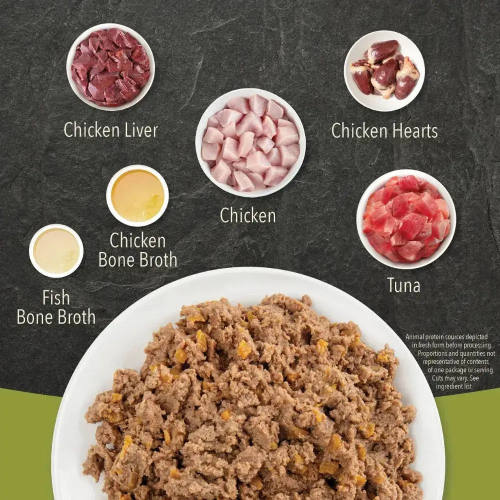 Acana Premium Pâté Chicken in Bone Broth Wet Cat Food ingredients: chicken, chicken liver, chicken hearts, tuna, chicken bone broth, fish bone broth.