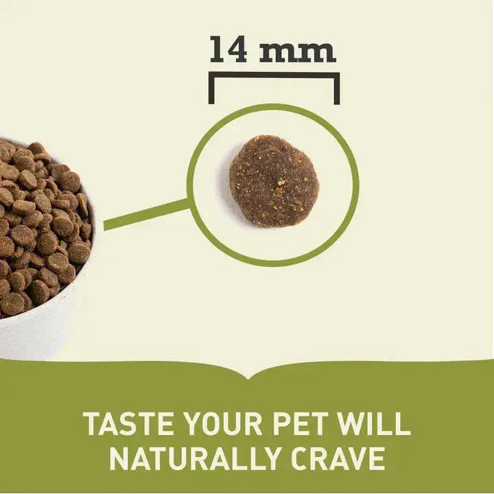 ACANA Singles Free-Run Duck dog food kibble size comparison, showing a 14 mm piece with a natural taste for dogs.