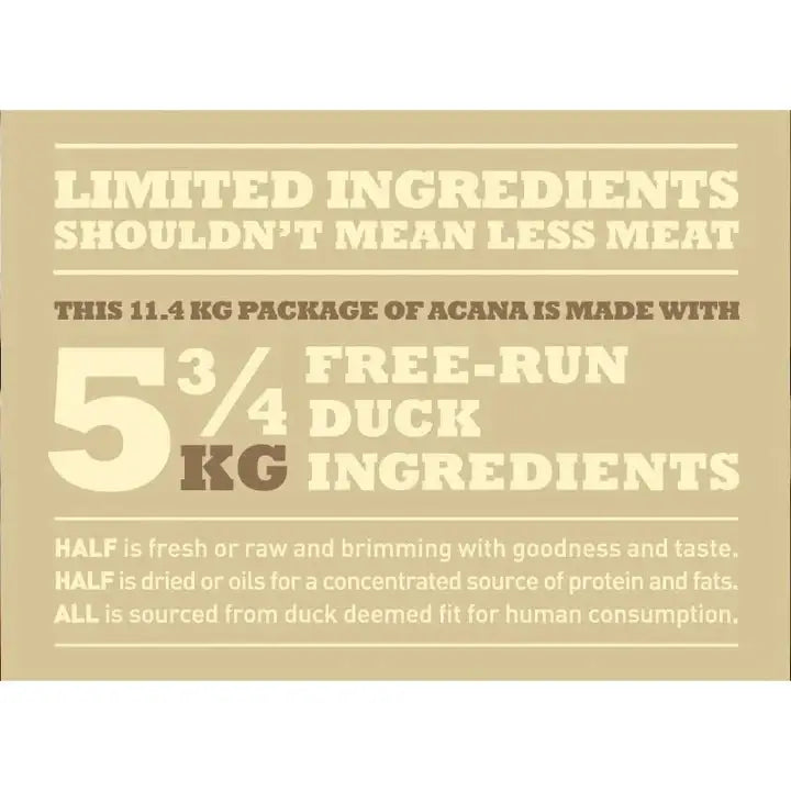 ACANA Singles Free-Run Duck Dog Food packaging showcasing ingredients and benefits for diet-sensitive dogs.