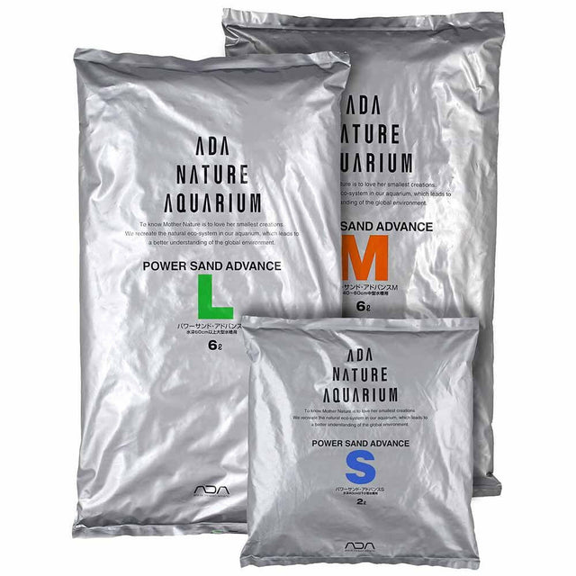 ADA Power Sand Advance product packaging in three sizes for aquarium substrate health.
