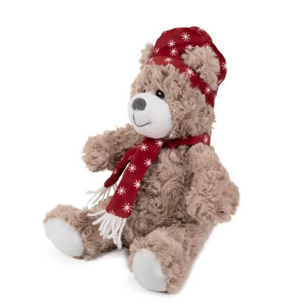 Adorably soft Brie Bear teddy with festive scarf and beanie, perfect for holiday cuddles and fun.