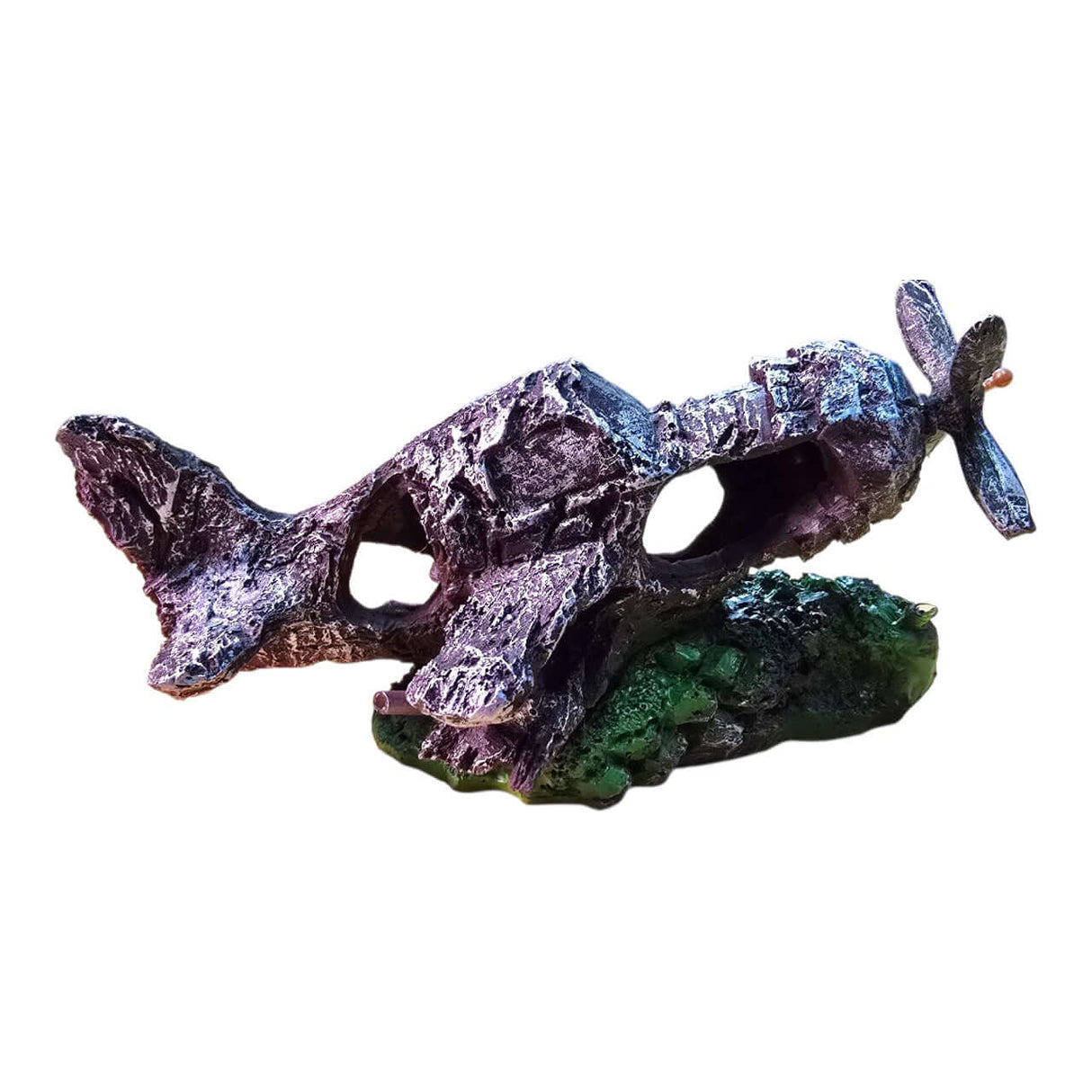 Aerated aeroplane aquarium ornament resembling a wrecked airplane on driftwood, ideal for aquarium decoration.