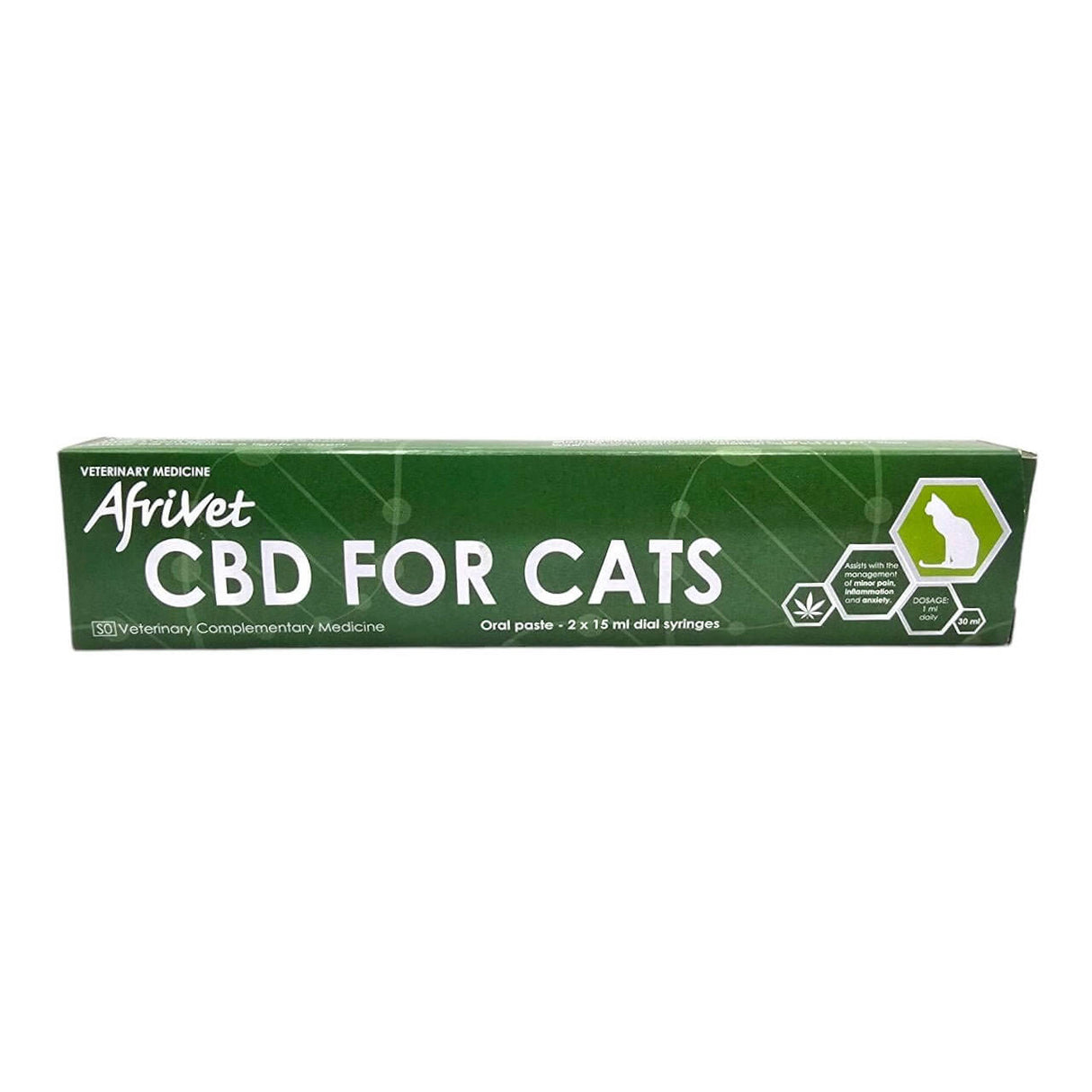 Afrivet nCBD+ for Cats packaging, featuring oral paste in a green box with two 30 ml syringes for veterinary use.
