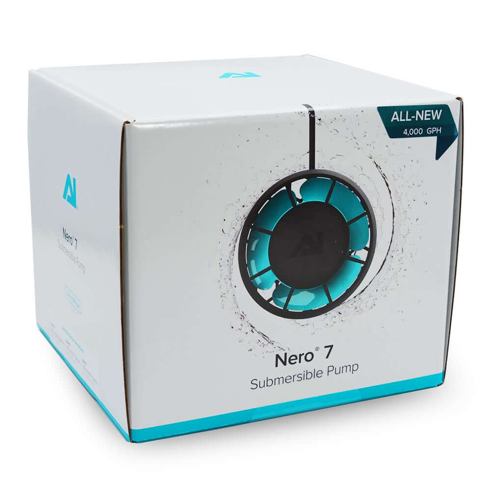 AI Nero Powerhead Wavemakers packaging for Nero 7 Submersible Pump, highlighting adjustable broad flow for aquariums.
