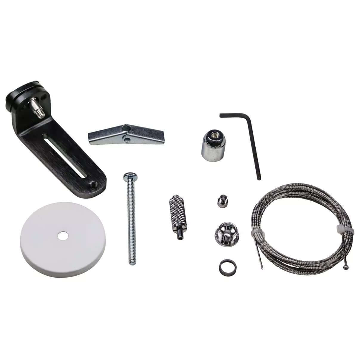 AI Prime LED Hanging Kit components including mounting hardware, suspension cable, and adjustment tools in black and silver.