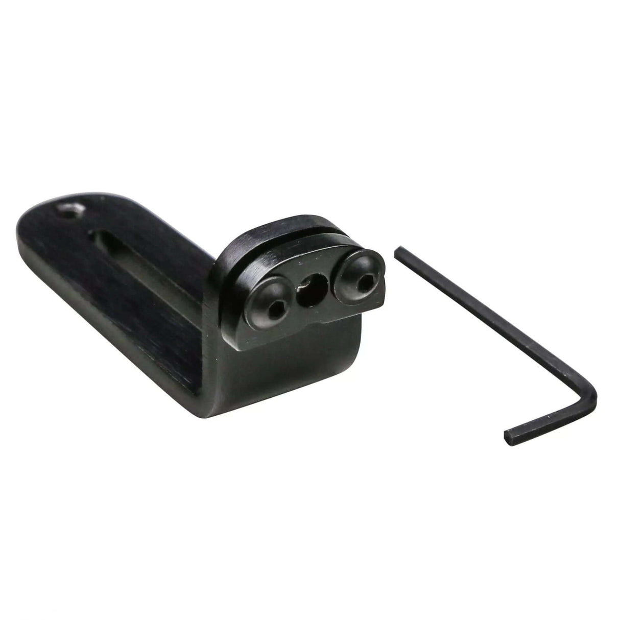 Black mounting bracket for LED light with hex key included, designed for easy installation.