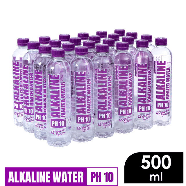 Designer Water Alkaline Ionized Water Still in 500 ml bottles with pH level 10 for optimal hydration.