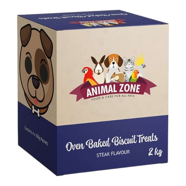 Animal Zone 2kg Oven Baked Dog Biscuits packaging features a playful dog illustration and steak flavor label.