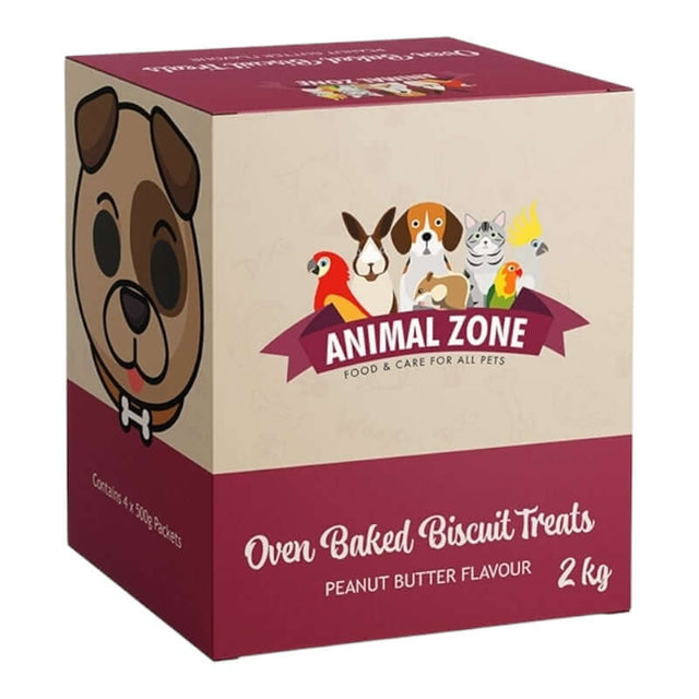 Animal Zone Baked Dog Biscuits 2kg box featuring peanut butter flavor with cartoon pets design.