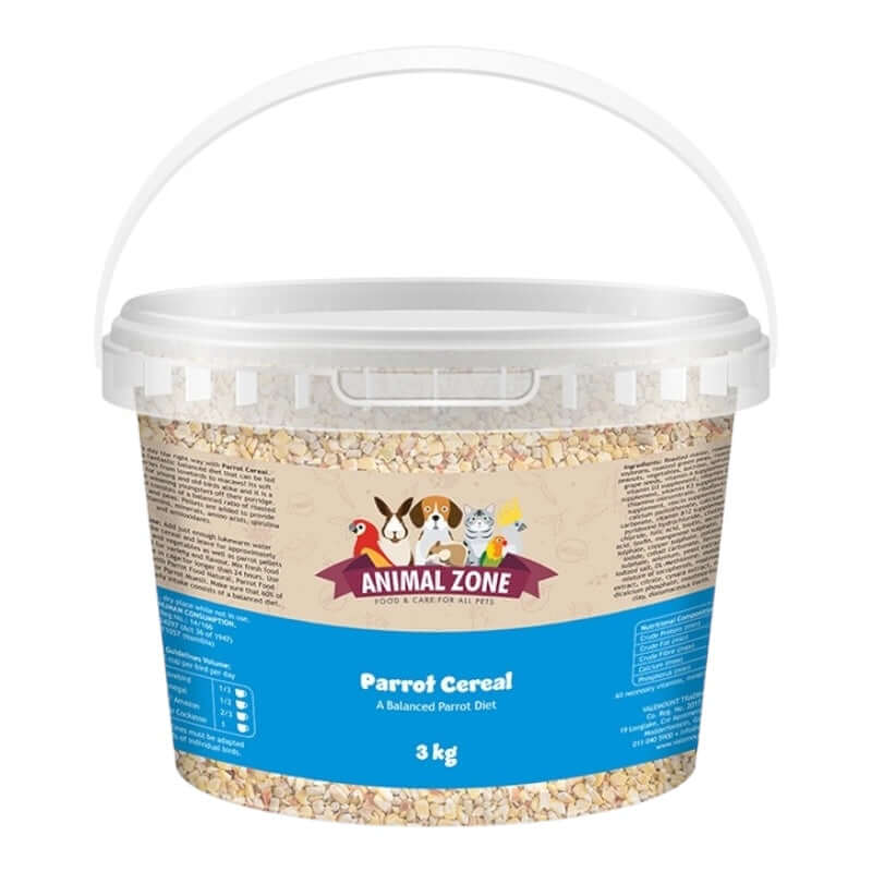 Animal Zone Parrot Cereal 3 kg tub for balanced nutrition, designed for young birds transitioning from porridge.