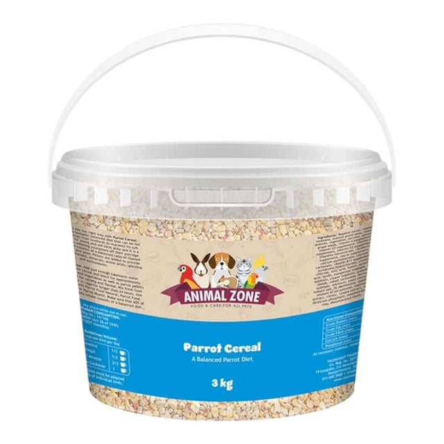 Animal Zone Parrot Cereal 3 kg tub for balanced nutrition, designed for young birds transitioning from porridge.