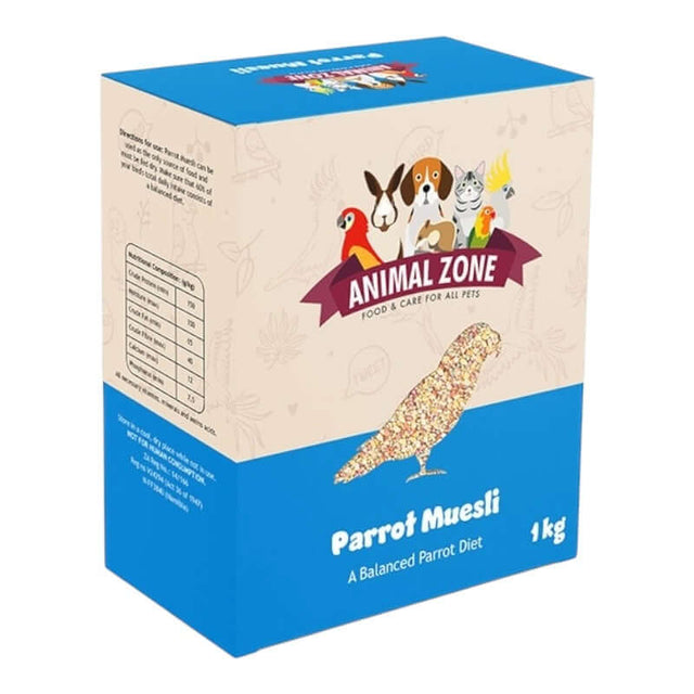 Animal Zone Parrot Muesli 1kg box featuring a balanced parrot diet with grains, peanuts, and dried fruits.